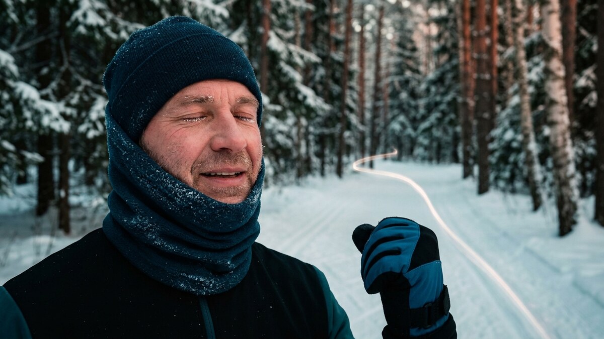 Лыжник лет пятидесяти в шапке и баффе в инее, с закрытыми глазами выдыхает на заснеженной лесной лыжне