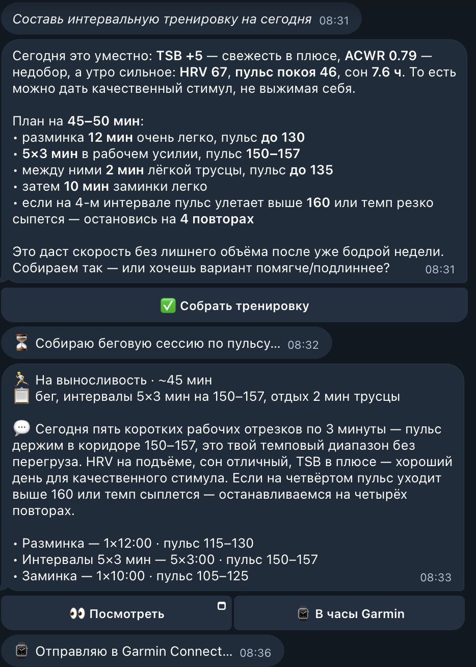 План интервальной тренировки с пульсовыми коридорами, кнопка сборки и отправка в Garmin Connect