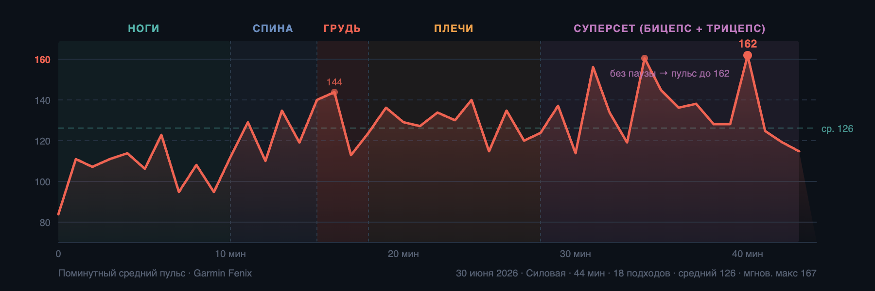 График пульса во время силовой тренировки: зоны по упражнениям — ноги, спина, грудь, плечи, суперсет