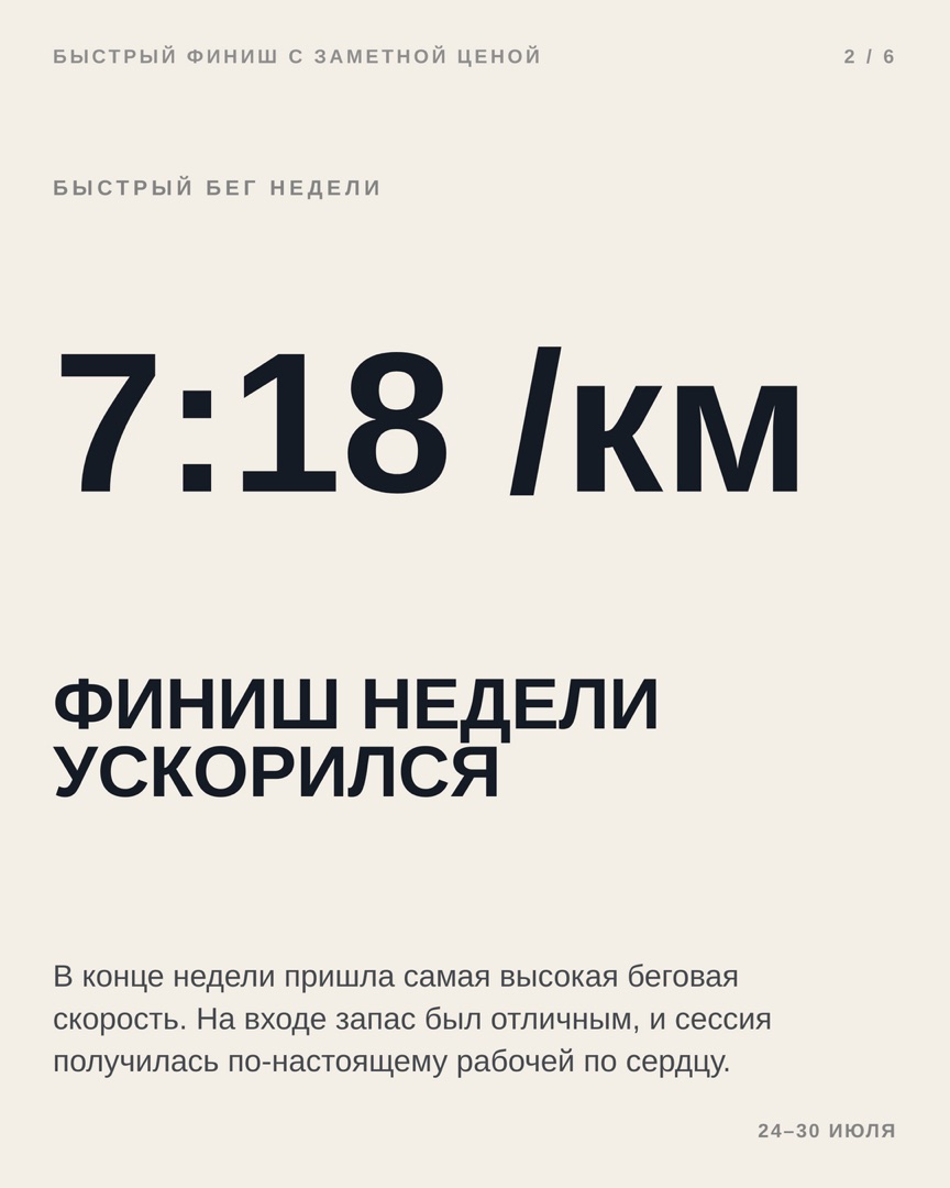 Карточка сцены: быстрый бег недели, темп 7:18 на километр